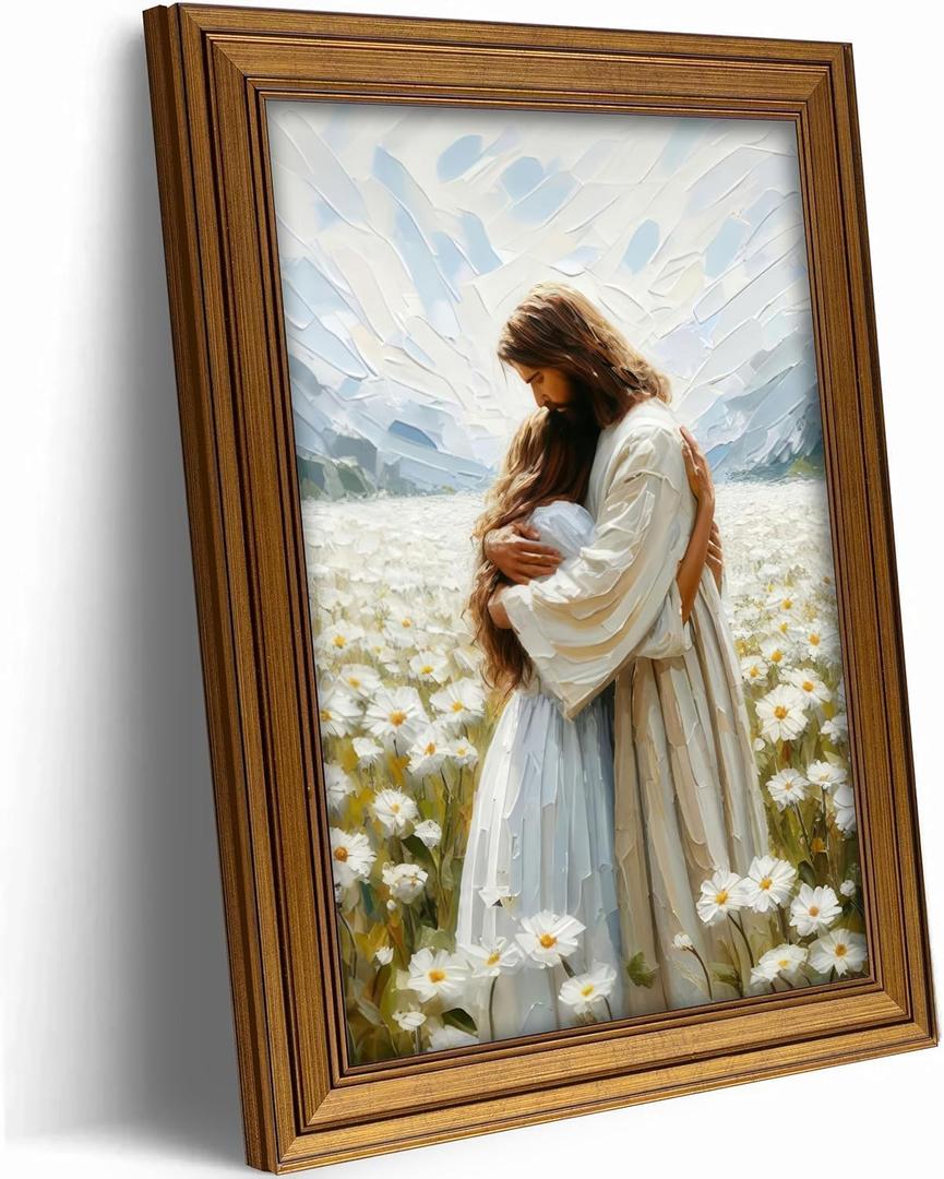 Vintage Gold Framed Jesus Hugging Girl Canvas Wall Art Jesus and Woman Wall Decor Pictures Modern Christian Healing Embrace Mormon Prints Posters for Hallway Bathroom Dining Living Room9x11in (vintage gold-framed, 11"L x 9"W)