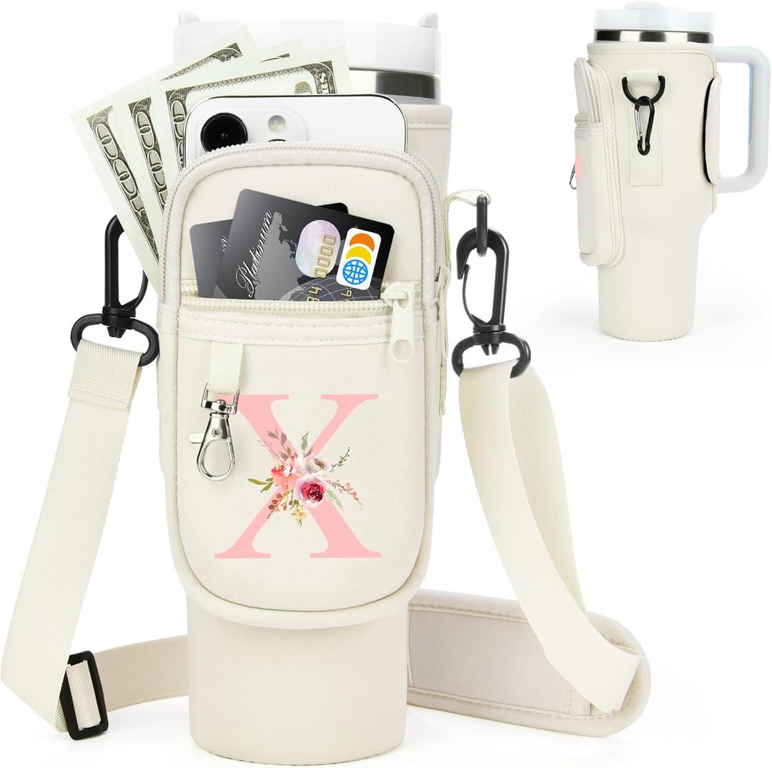 Initial Water Bottle Holder with Strap for Stanley Cup Accessories 40 oz Tumbler/Simple Modern Tumbler Bag, Water Bottle Carrier Bag with Strap for Men Women Gift Hiking, Travel, Camping, Walking Gym (Cream)