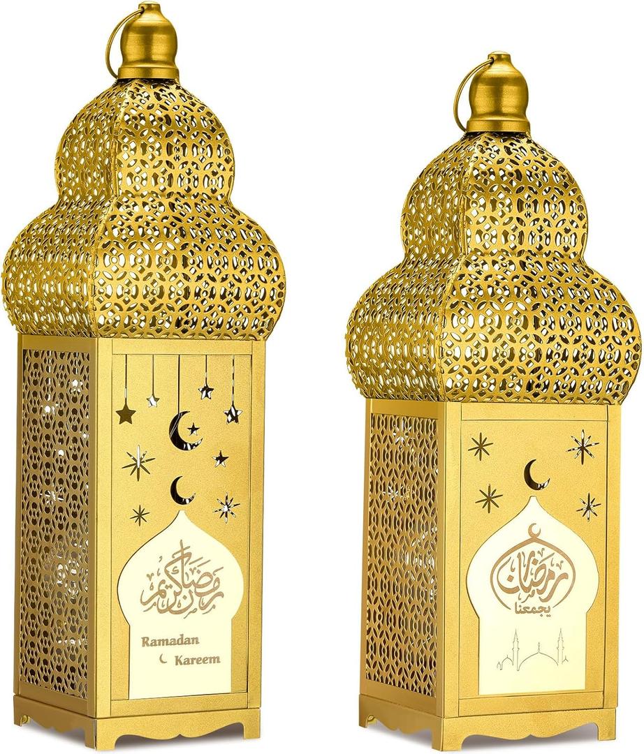 Honoson Eid Ramadan Lantern Large Golden Temple Moroccan Lantern Lamp Ramadan Decorations for Home, Hanging, Outdoor Patio or Indoor Home Decor, Gold, with LED String Lights(Elegant)