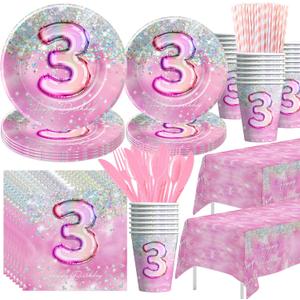 Pink 3rd Birthday Decorations Tableware, Girl Third Birthday Party Supplies, Plate, Cup, Napkin, Tablecloth, Cutlery, Glitter Diamond 3-Year-Old Table Decorations, Serves 24