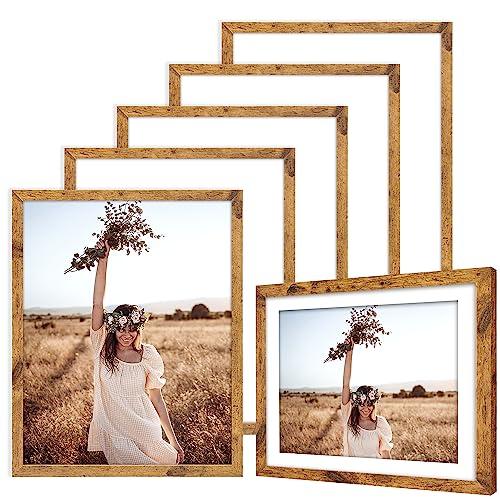TWING 11x14 Picture Frames Set of 6,Display Photos 8x10 with Mat or 11x14 without Mat,Home Decorative Wall Gallery Picture Photo Frame Wood Brown,Walnut