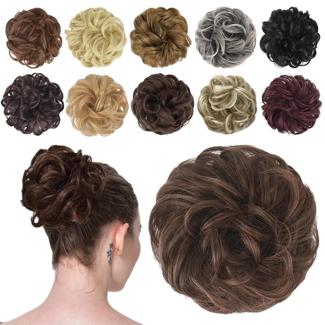 FESHFEN Messy Bun Hair Piece - Elastic Wavy Curly Hair Bun Scrunchies Extensions Synthetic Chignon Hairpieces for Women Girls, Brunette Brown 1.5 oz (Medium)