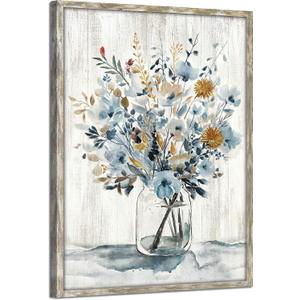 Abstract Flower Wooden Wall Art: Gray Blue Floral Blossom Picture Rustic Botanical Prints Framed for Bathroom (11W x 16H, Multi-Sized/Material)