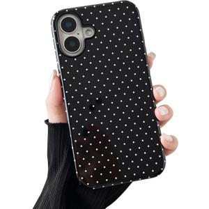Compatible with iPhone 16 Case, Fashion Cute Polka Dot Pattern Aesthetic Design for Women, Soft TPU and Hard Back Shockproof Phone Case for iPhone 16 6.1 inch, Black