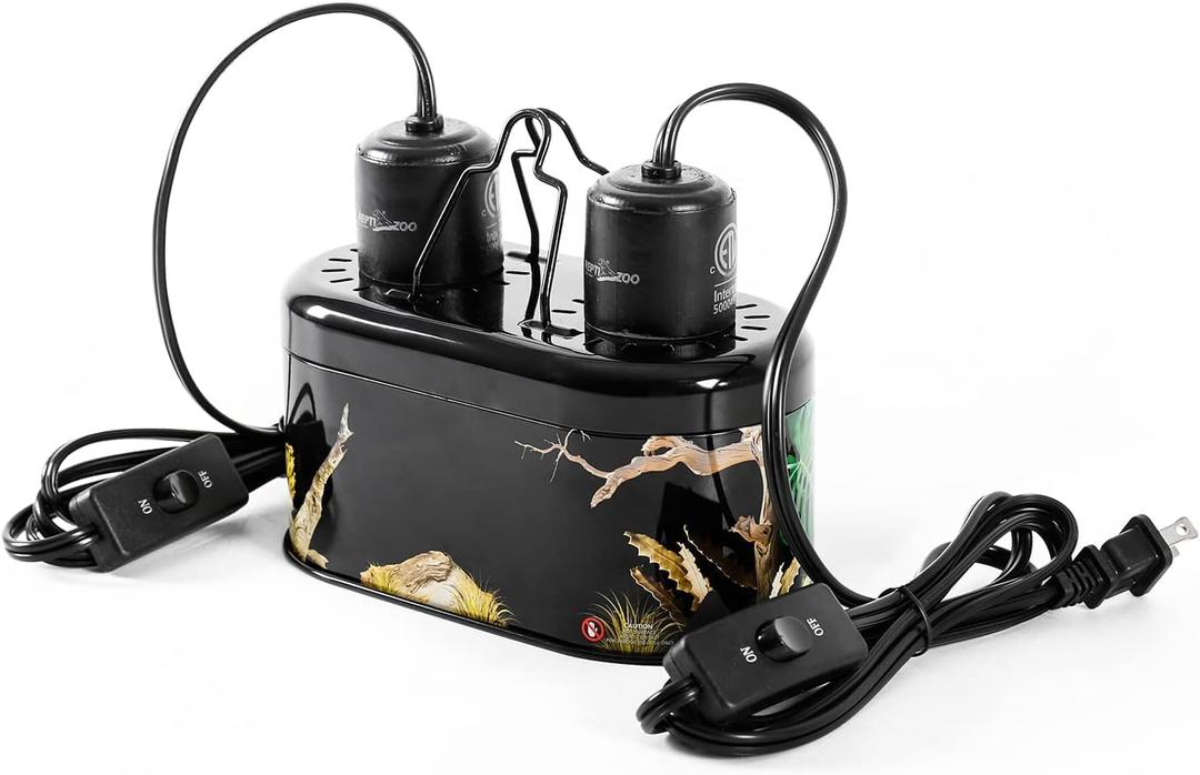 REPTI ZOO Nano Combo Print Tropical Desert Reptile Dual Deep Dome Lamp Fixture for Reptile Max 40 Watts Max Bulb Height 4 in Per Socket UVB Light Fixture Dual Lamp Cap Combo Integration Design