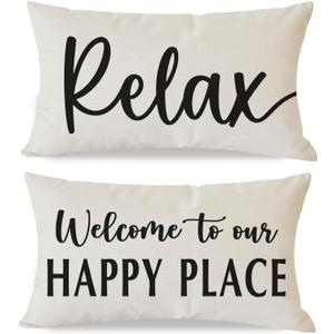 Welcome to Our Happy Place Relax Decorative Throw Pillow Covers 12x20 Inch Set of 2 Sayings Outdoor Modern Farmhouse Decor Cozy Lumbar Cushion Case Decoration for Home Sofa Couch Living Room (Cream)