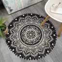 Uphome Boho Round Rug for Bedroom 3' Circle Mandala Black Bathroom Rug with Pom Poms Fringe Washable Circular Accent Throw Rugs Non-Slip Soft Floor Mat for Entryway Living Room Sofa Kids Room Nursery (2'7" (Round))
