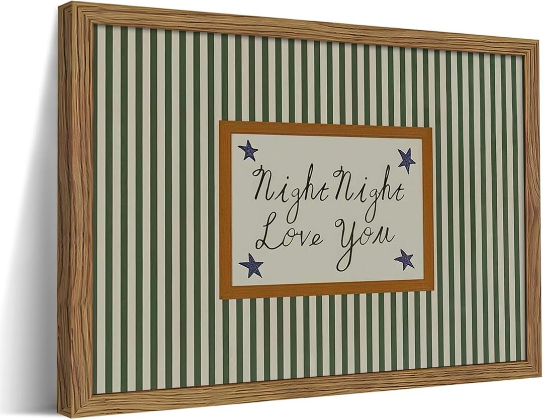 Vintage Green Wall Art, Mid Century Night Night Love You Stripe Canvas Wall Decor Painting, Modern Minimalist Nursery Striped Prints Pictures for Baby Room Kids Bedroom 16x24 Inch Framed