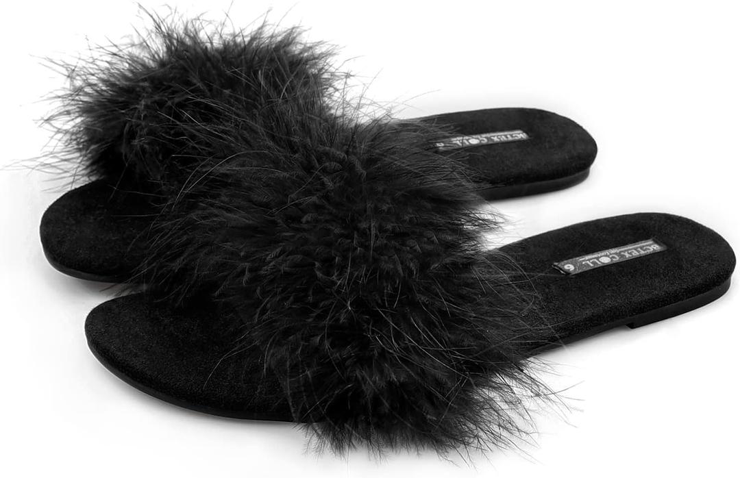 BCTEX COLL Women's Fuzzy Open Toe Slippers Memory Foam Feather Slides Fluffy Furry Indoor House Sandals (8, Black)