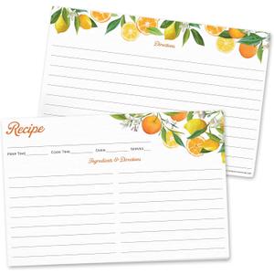 60 Pack | Recipe Cards 4x6 Double Sided | Orange & Lemon Design | Premium Durable | Easy to Write On | Blank Recipe Cards