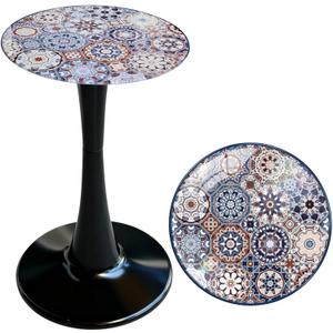 Simmer Stone 13.4" Outdoor Side Table, Round Patio Bistro Table Printed Tempered Glass Top, Waterproof Rust-Proof Base, Small Plant Stand for Balcony, Garden, Deck, 21.6" H (Bohemia)