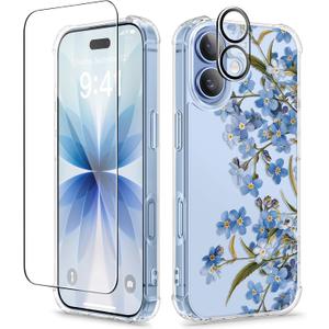 GVIEWIN for iPhone 17 Case, with Screen Protector+Camera Lens Protector, [NonYellowing] Clear Floral Slim Shockproof Protective Hard PC Back Women Phone Case for iPhone 17 6.3", Aconite/Blue