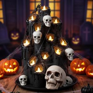 Seematn 10 Pcs Halloween DIY Spooky Candle Holder Set Decoration, Black Flame Candles by Hot Glue Halloween Skeleton Spider Flameless Candles Holder Centerpiece for DIY Party Supplies(Skull Theme)