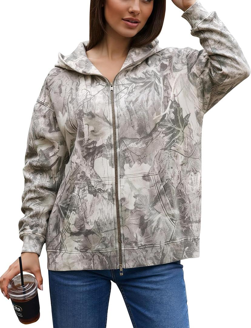 Women Camo Hoodie Oversized Fleece Full Zip Up Sweatshirt Casual Long Sleeve Jackets Trendy Fall Clothes With Pockets Large