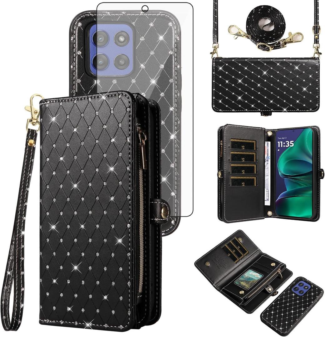 Asuwish Phone Case for Motorola Moto G Stylus 5G 2025 Zipper Detachable Wallet Cell Cover with Screen Protector Bling Crossbody Lanyard Strap Glitter Flip Card Holder Slot G5 Women Men Girls Black