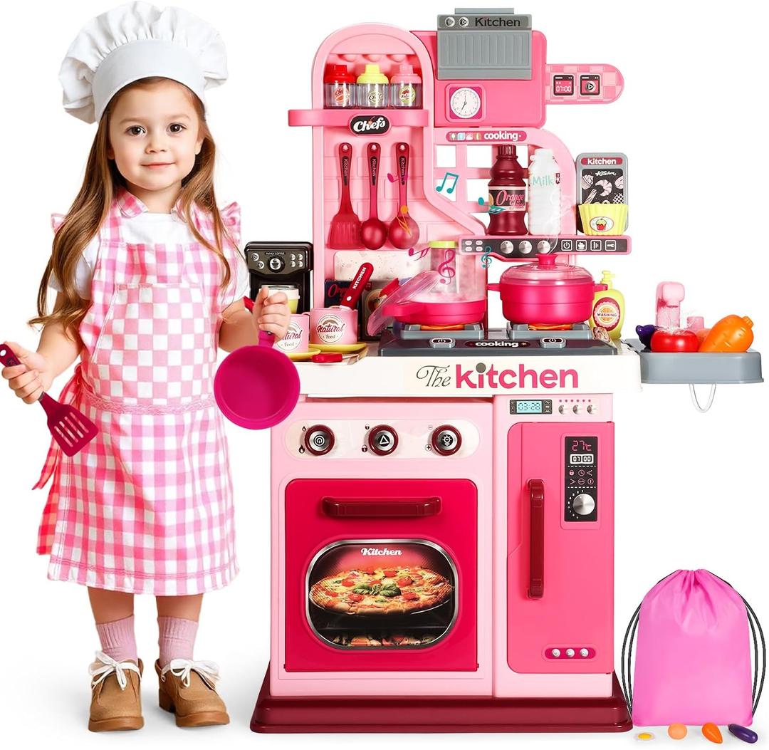 DRAMATION Kids Kitchen Playset, 27.1 Inches Play Kitchen with Sound and Light, Kitchen Set for Toddlers 1-3 3-5, Cooking Stove, Play Sink and Kitchen Accessories, Toy Kitchen (Pink), 20.9 inches x 8.9 inches x 27.2 inches