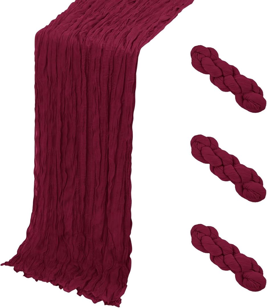 3 Pack Burgundy Cheesecloth Table Runner, 17 x 108 Inch, Gauze Cheese Cloth Table Runner Rustic Sheer Runner for Wedding Birthday Party Baby Shower Table Decor(Burgundy)