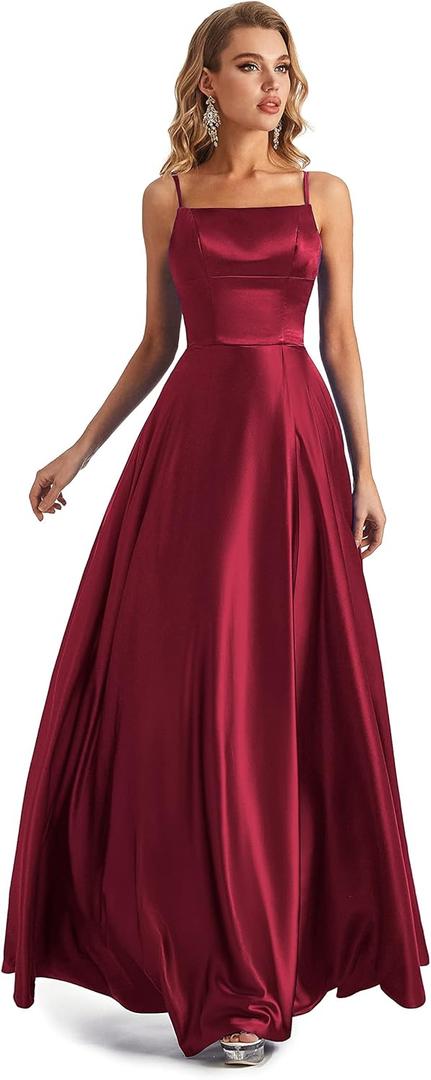 Long Satin Spaghetti Strap Prom Dress (Medium, Burgundy)