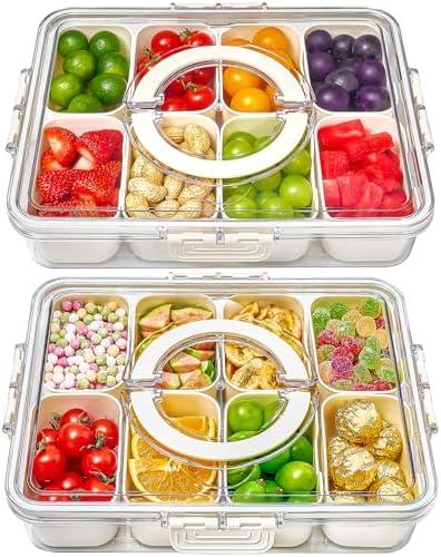 Mfacoy Snackle Box Container, 2 Pack Divided Serving Tray with Lid and Handle, Snack Box Charcuterie Container for Portable Snack Platters, Clear Organizer for Candy, Fruits, Travel, Party, Picnic
