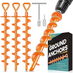 Payivsve Ground Anchors Screw in, Heavy Duty Ground Trampoline Stakes High Wind Tent Stakes for Tent, Trampoline, Gazebo, Carport, Trap Anchor, Canopies, Swing Set (4x15", Orange)