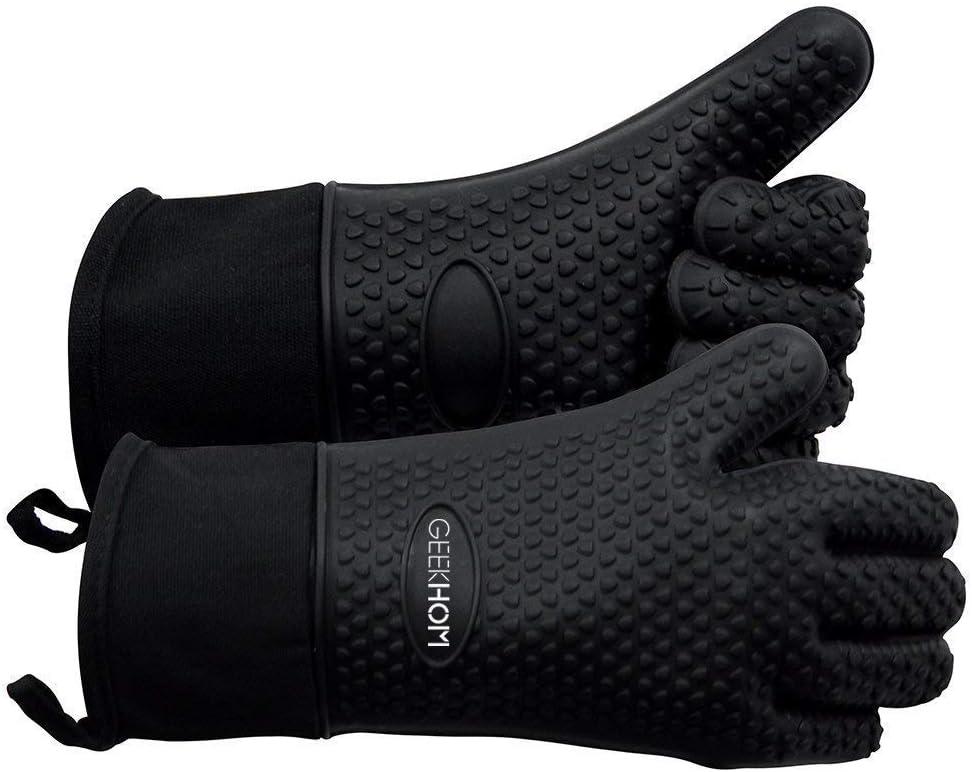 GEEKHOM BBQ Gloves Heat Resistant, 13.7 Inch Long Waterproof Silicone Oven Mitts for Grilling and Smoker, Non-Slip 5 Finger Kitchen Hot Mitts for Baking, Cooking & Cast Iron, Black