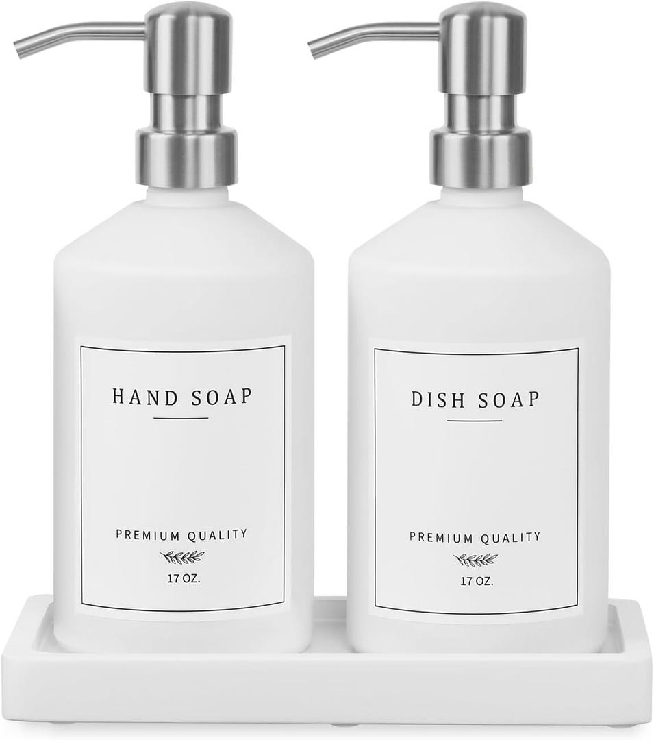 White Glass Soap Dispenser for Kitchen, Dish and Hand Soap Dispenser with Silver Stainless Steel Pump, Modern Kitchen Decor and Accessories (White Bottle/Silver Pump)