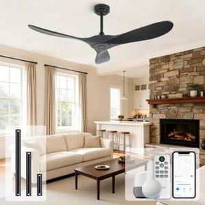 Smart Ceiling Fan no Light, 52 Inch Outdoor Ceiling Fan Without Light, Compatible with Alexa/Google/App, 3 Solid Wood Blades, Modern Wood Fan for Patio, Bedroom, Living Room, Black