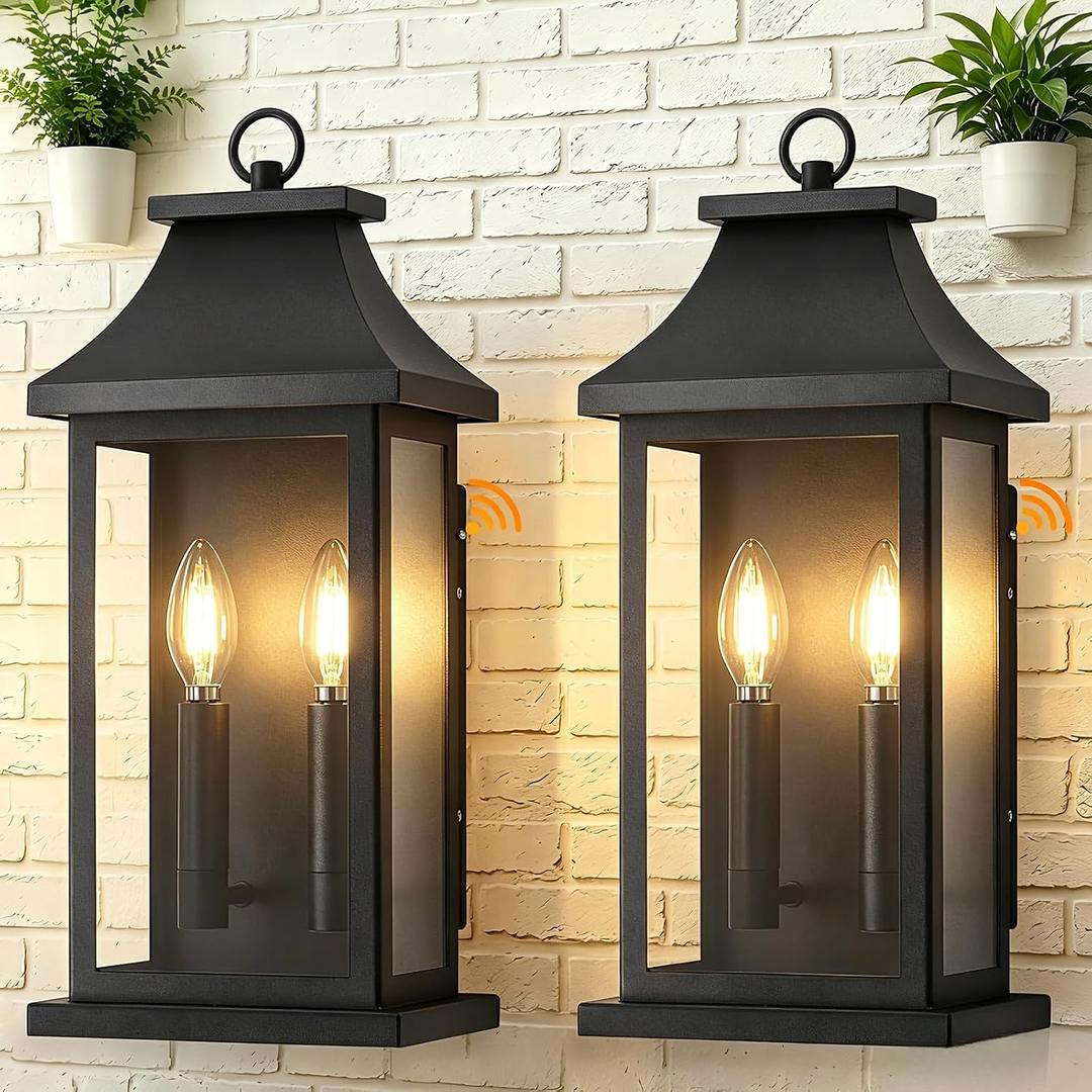 Large Outdoor Wall Lights, Dusk to Dawn Outdoor Lighting, Exterior Lighting Fixtures Wall Mount, Wall Sconce Light Outdoor Lanterns for Porch Garage, Black 18 Inch 2-Light, 2-Pack