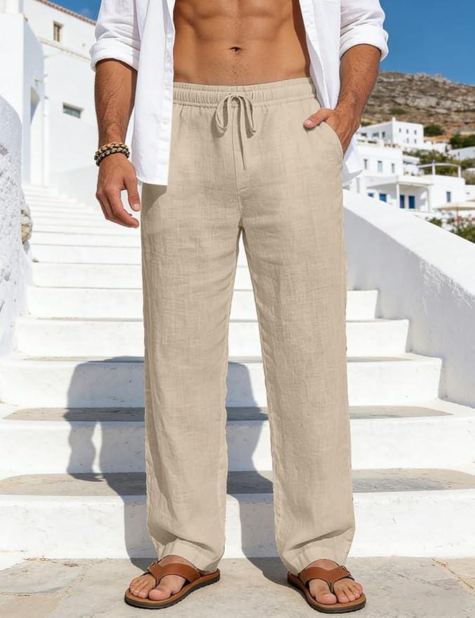 Men's Casual Linen Pants Loose Fit Drawstring Waist Lightweight Linen Trousers Summer Yoga Beach Long Pants, Size XXL