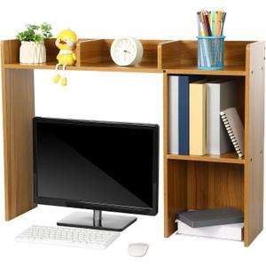 Briwooody Dorm Desk Bookshelf Desk Hutch Organizer with 5 Shelves and 3 Tier Desktop Hutch Storage Organizer for College Dorm Home Office Supply, 32.5 x 23.5 x 8 Inch (Wood), 32.3 x 23.6 x 7.9 inches
