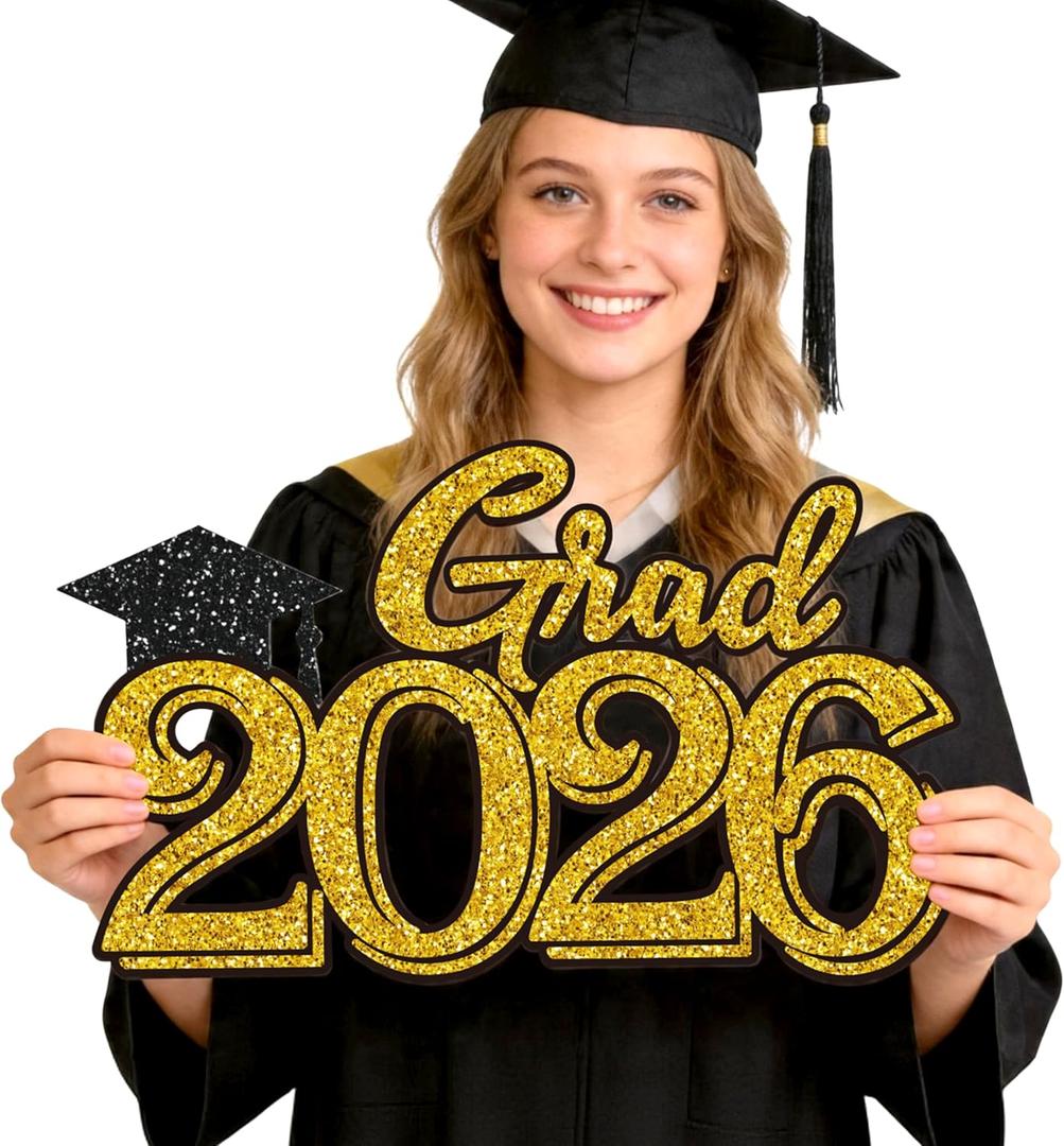 Graduation Party Decorations for Class of 2026 - Gold Grad 2026 Wood Sign Photo Prop for Class of 2026 College High School Graduation Party Supplies