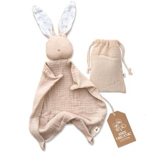 Mikito Organic Cotton Baby Muslin Lovey Bunny - Oeko-TEX & GOTS Certified - Security Blanket & Perfect Loveys for Babies - Unisex New Baby Gift for Ultimate Comfort & Peaceful Dreams (Beige)