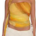 Women Y2K Mesh Tube Top Tie Dye Strapless Ruched Sleeveless Bandeau Tank Top Slim Fit Camisole Summer Crop Top with Scarves Yellow (Yellow, L)