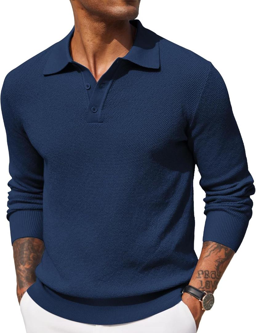 COOFANDY Mens Knit Polo Shirts Long Sleeve Casual Polo Sweaters Shirt Waffle Textured Collared Sweater (Medium, Dark Blue)