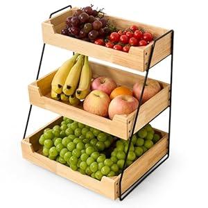 LIBKEN 3Tier Wooden Fruit Basket – Rubberwood Countertop Produce Storage with Metal Frame – Minimal Scandinavian Design Fruit Stand for Kitchen Counter, SpaceSaving Tiered Basket Organizer