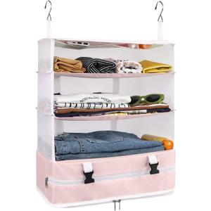 Surblue Hanging Closet Storage Bag Collapsible 3-Shelf Washable Oxford Fabric with 2 Hooks (XL 17.71*11.81*20in, Pink)