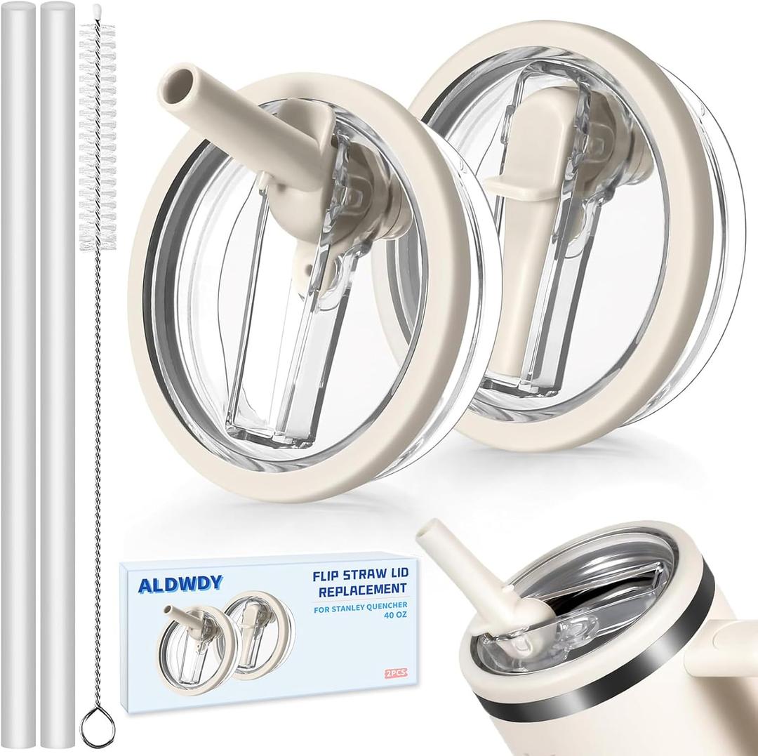 2 Pack 40 oz Flip Straw Leak Proof Lid for Stanley H2.0 Quencher, Stanley Lid Replacement 40 oz for Stanley Cup Accessories ProTour, No Spill Proof Straw Cover for Stanley (Cream & Cream)