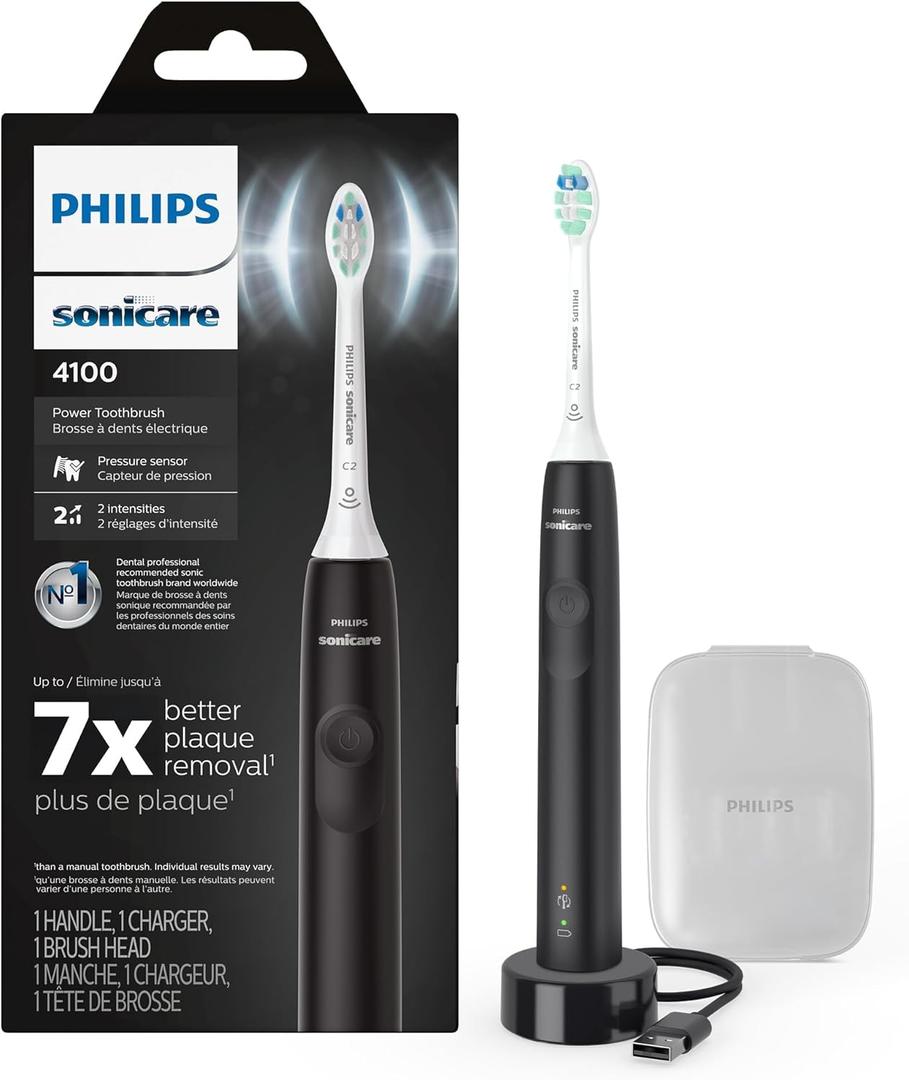 Philips Sonicare 4100 Rechargeable Electric Toothbrush, Advanced Plaque Removal, Pressure Sensor, Includes Brush Head Case, Black BD5003AZ