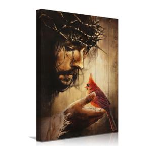 EAGLOG Jesus Christ with Red Cardinal Canvas Wall Art, Crown of Thorns Christian Religious Decor, Bird on Hand Spiritual Artwork for Living Room Bedroom Church Prayer Room Home Decorate