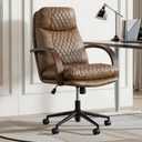 KISLOT Home Office Desk Chair, Ergonomic Office Chair with Lumbar Support, Adjustable Swivel Computer Chair with Wheels, Faux Leather Executive Task Chair with Wood Arms, Brown, Set of 1