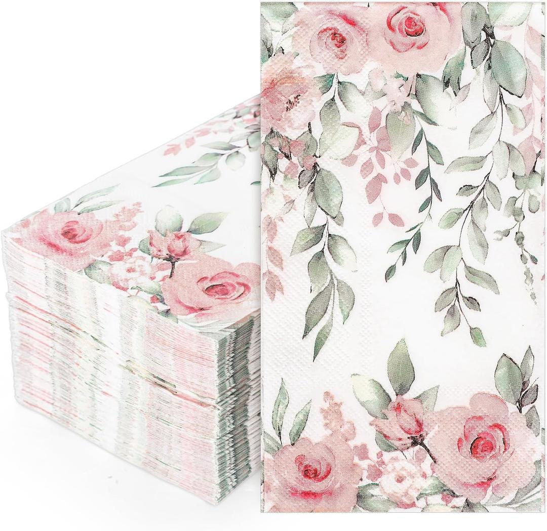 FYSUIMU 100 Pcs Greenery Floral Guest Napkins Spring Rose Flower Eucalyptus Leaves Disposable Napkins Watercolor Dinner Hand Towel Paper Napkin for Mother's Day Wedding Party Table Bathroom Supplies