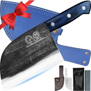 XYJ Antique Forged Butcher Knives, Serbian-Style Chef's Knife with Sheath, Heavy-Duty Meat Cleaver for Kitchen & Outdoor Use, Full Tang Construction (6.7", Blue)