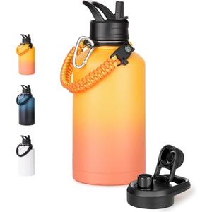 Half Gallon Water Bottle with 2 Lids (Straw & Spout), 304 Stainless Steel Sports Insulated Bottle with Handle, 64 oz Vacuum Double Walled Water Jug with Wide Mouth, BPA Free, Yellow&Orange