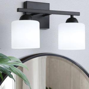 2-Light Matte Black Vanity Light, Modern Bathroom Light Fixtures Over Mirror, Vanity Light with Milky White Glass Shades, Farmhouse Black Wall Sconce, E26 Socket