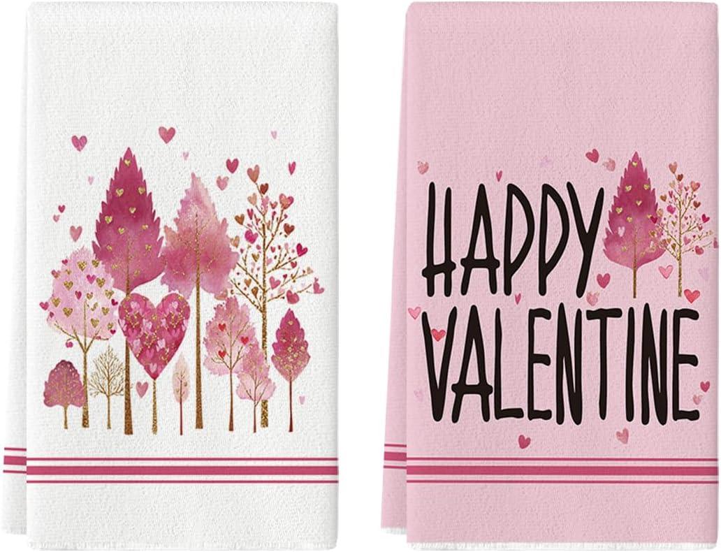 Artoid Mode Pink Love Heart Tree Happy Valentine's Kitchen Towels Dish Towels, 18x26 Inch Anniversary Wedding Decoration Cleaning Set of 2