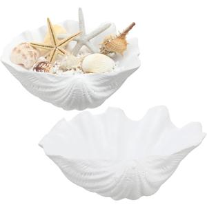 Maxcheck 2 Pcs Large White Seashells Oyster Decorative Bowl Resin Clamshell Nautical Clamshell Bowl Coastal Nautical Themed Party Home Bathroom Beach Gift-10.2-1pc,8.6-1pc