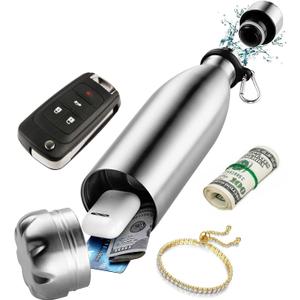 Diversion Safe Water Bottle - Stainless Steel Bottle Safe Box with Hidden Compartment for Cards, Keys, Cash, and Valuables - Insulated Bottle for Hot and Cold Drinks - 18 Ounces (Silver)