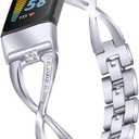 FitTurn Compatible with Fitbit Charge 5 Bands for Women Girl Metal Replacement Charge 5 Band Wristbands Strap with Bling Crystal Diamond Rhinestone Bracelet Bangle for Charge 5 (Silver)