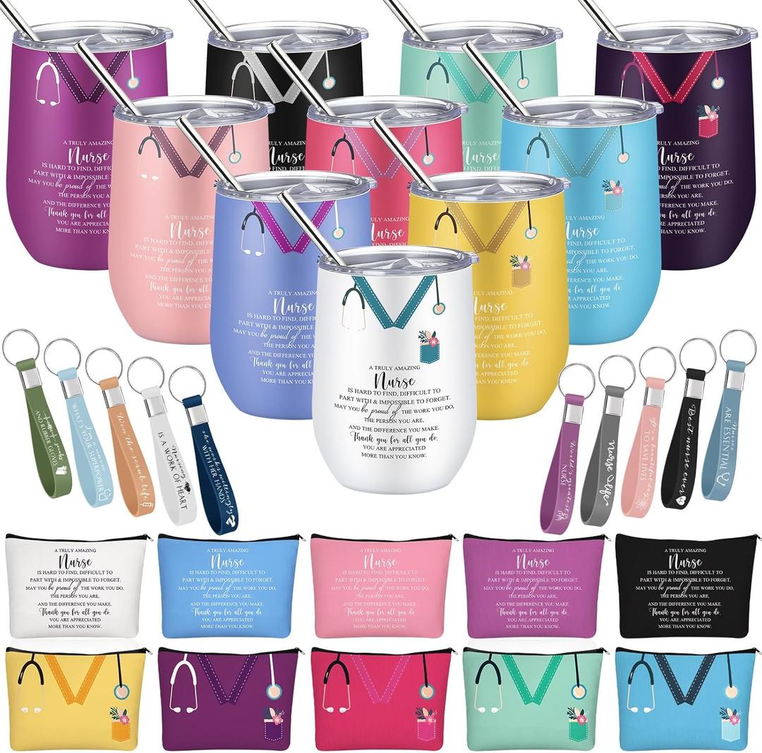 30 Pcs Appreciation Gift for Nurse Women 12 oz Wine Tumbler, Makeup Bag, Keychain, Thanksgiving Christmas Nurse Gift Set