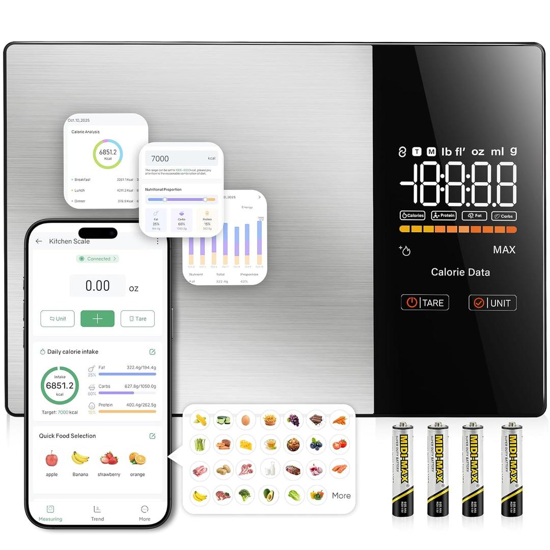 KUAIVO Smart Nutrition Food Scale with LED Display, Tracks Calories, Fat, Carbs & Protein via App, 1g Precision Digital Kitchen Scale for Healthy Eating & Meal Prep (Black)